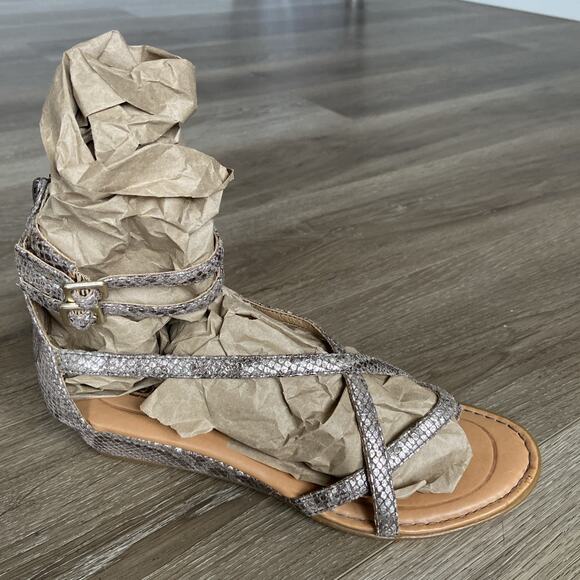 Born BOC Strappy Gladiator Wedge Zip-Up Sandal Women Sz 10 Gold Silver Snakeskin - Picture 1 of 11